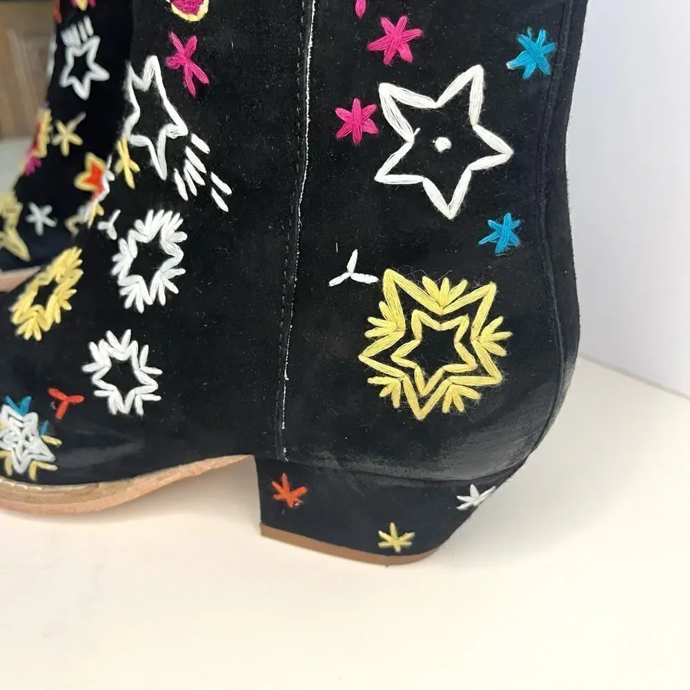 Free People Bowers Suede Embroidered Western Boots in Black‎ Size 6.5 (37) NWOB